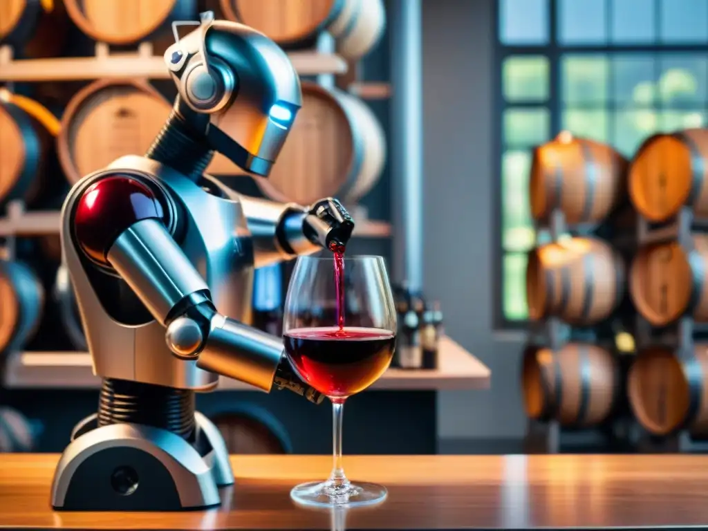 Un robot sommelier vierte vino en una copa de cristal en una bodega francesa