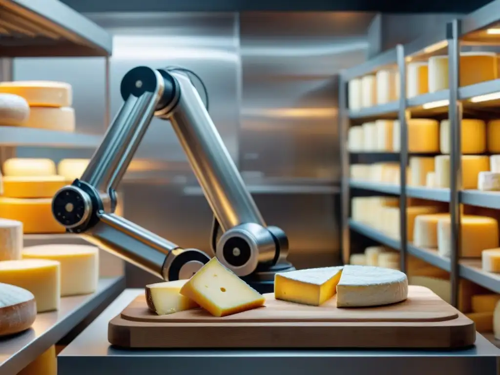 Robótica en corte de quesos: Un brazo robótico corta con precisión un queso francés en una fromagerie tradicional