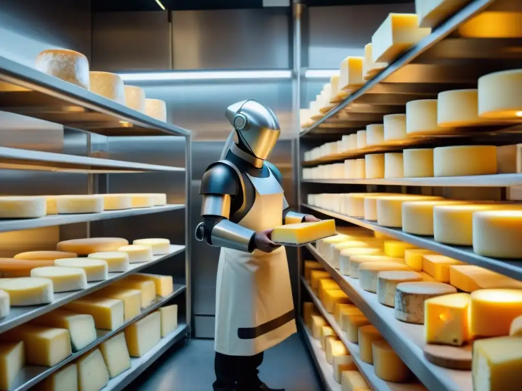 Robótica en corte de quesos: Un brazo robótico corta con precisión un queso en una fromagerie francesa