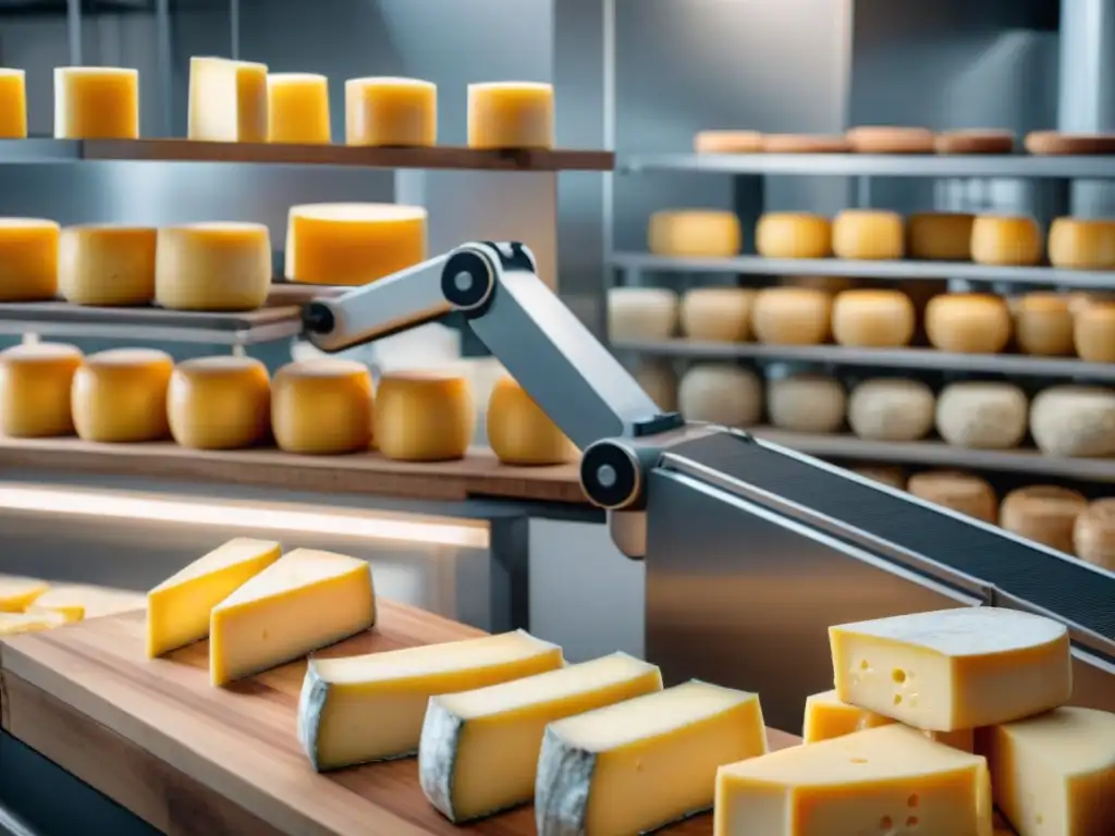 Robots en la cadena alimentaria francesa: Brazo robótico colocando queso en fábrica moderna