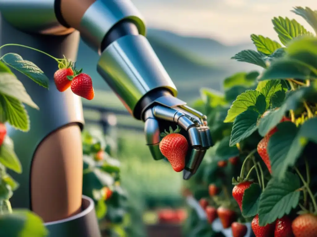 Robots en la cadena alimentaria francesa: un brazo robótico recolecta fresas en un campo soleado, fusionando tecnología y tradición agrícola