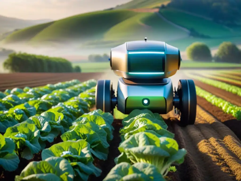 Robots en la cadena alimentaria francesa: Un robot agrícola futurista plantando lechugas en un campo francés soleado