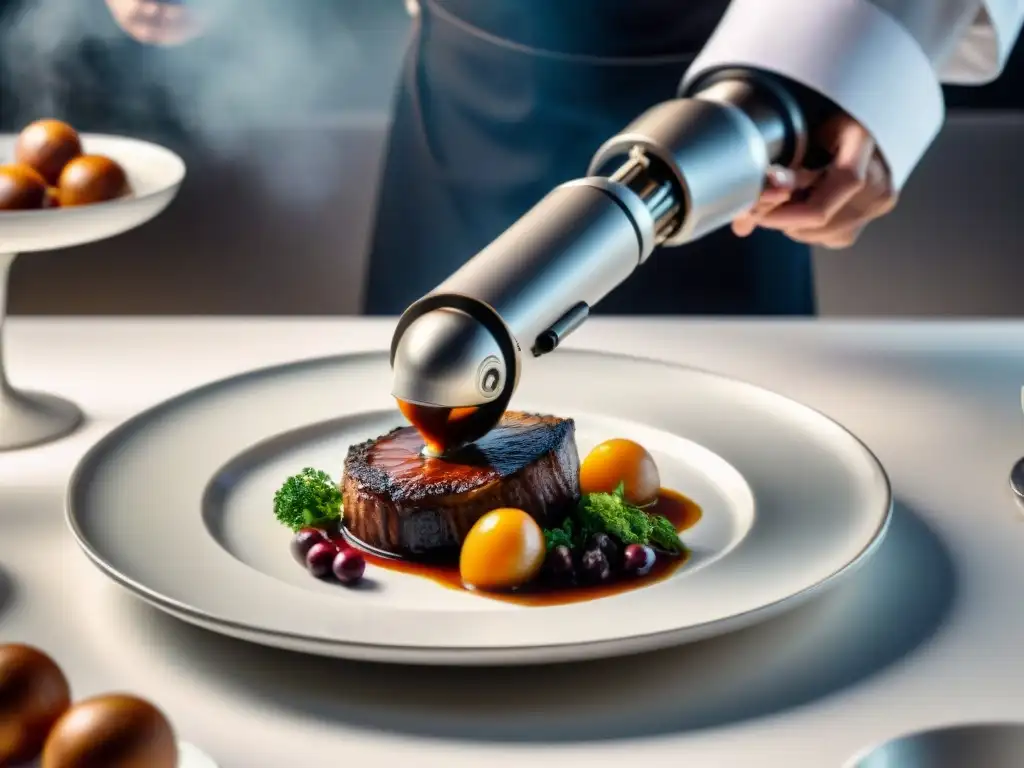 Robots en la cocina: Un brazo robótico moderno sirviendo un plato de Coq au Vin con chefs franceses tradicionales observando