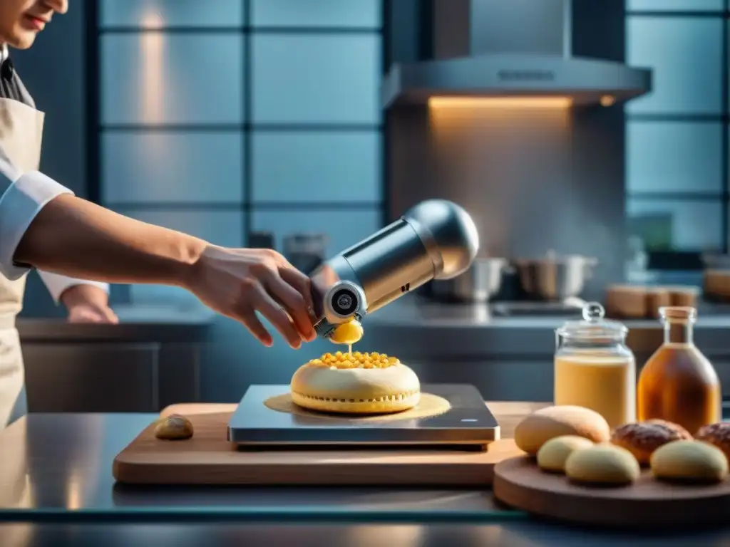 Robots de cocina para recetas francesas: Robot elegante mezclando masa de pastelería con precisión y elegancia en cocina moderna