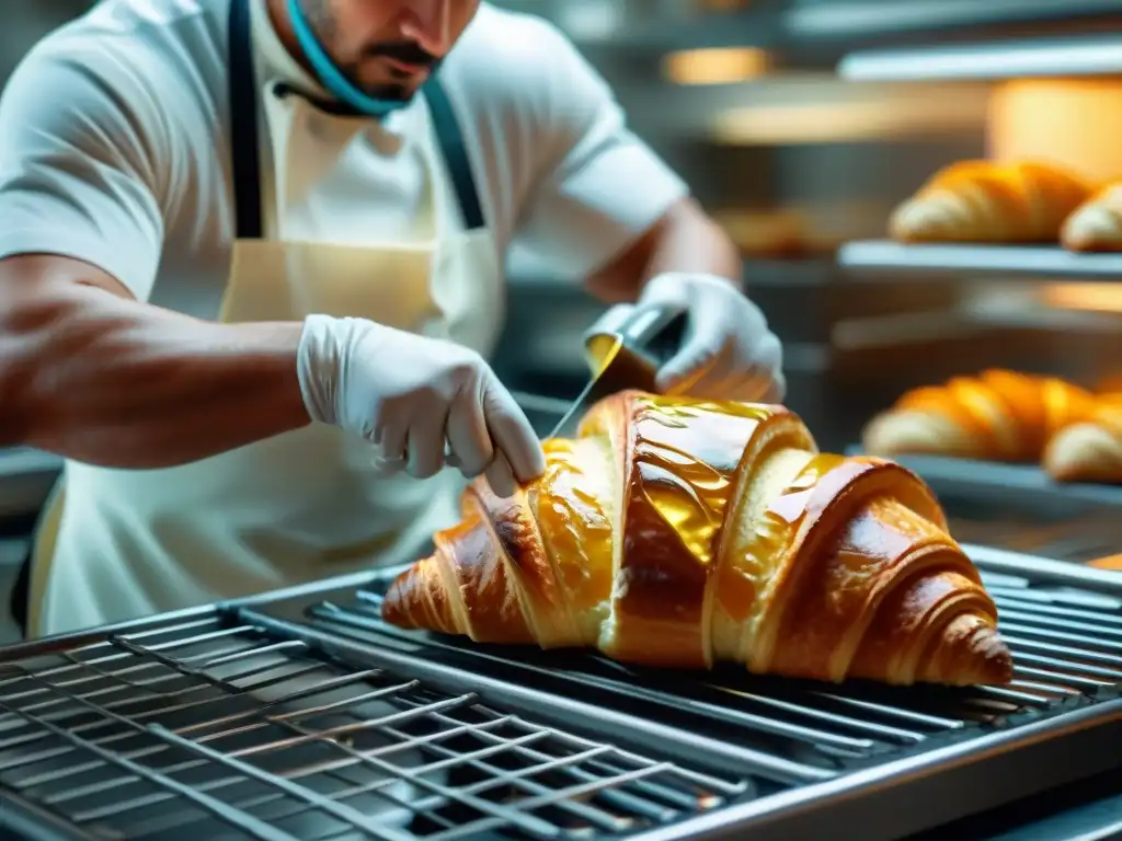 Robots hornean croissant perfecto en panadería futurista