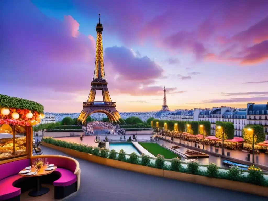 Romántico atardecer en París con la Torre Eiffel al fondo, un café parisino elegante