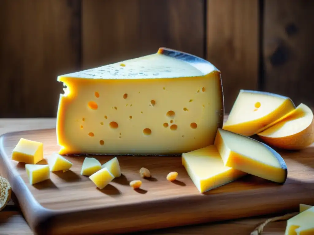 Una rueda de queso Comté artesanal, dorada y texturizada, sobre fondo de madera rústica