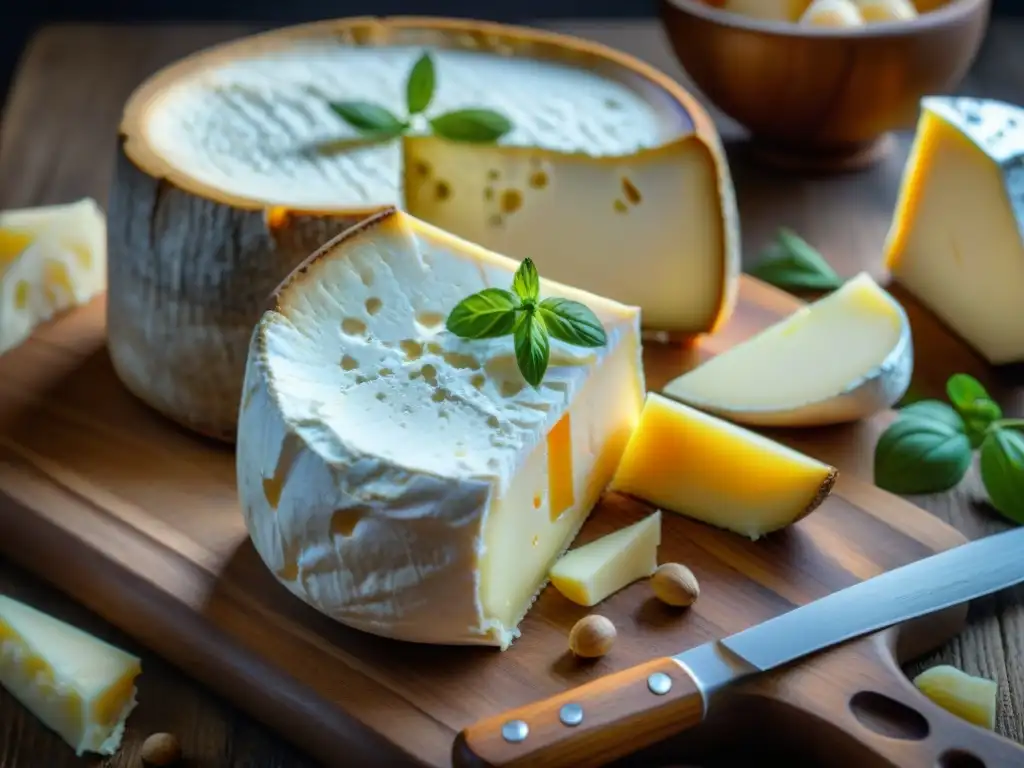 Una rueda de queso Camembert envejecida, con su característica corteza blanca moteada de moho, sobre una tabla de madera rústica