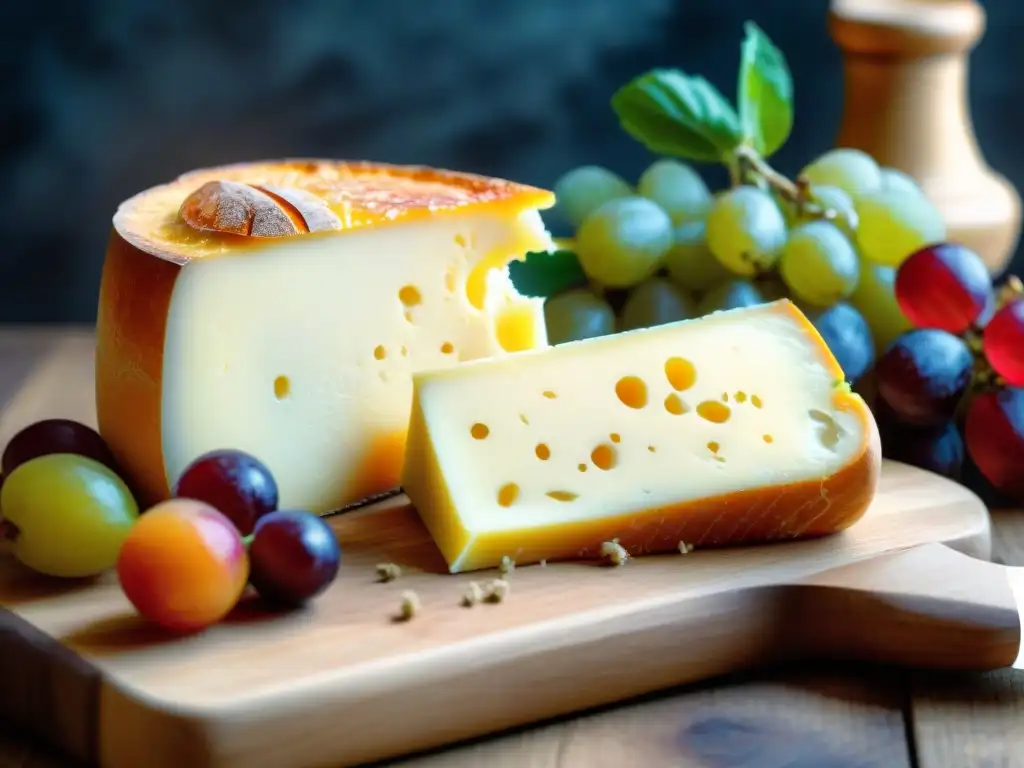 Una rueda de queso Époisses de Borgoña con su característica corteza naranja y moho blanco, acompañada de uvas rojas, tomillo y baguette crujiente