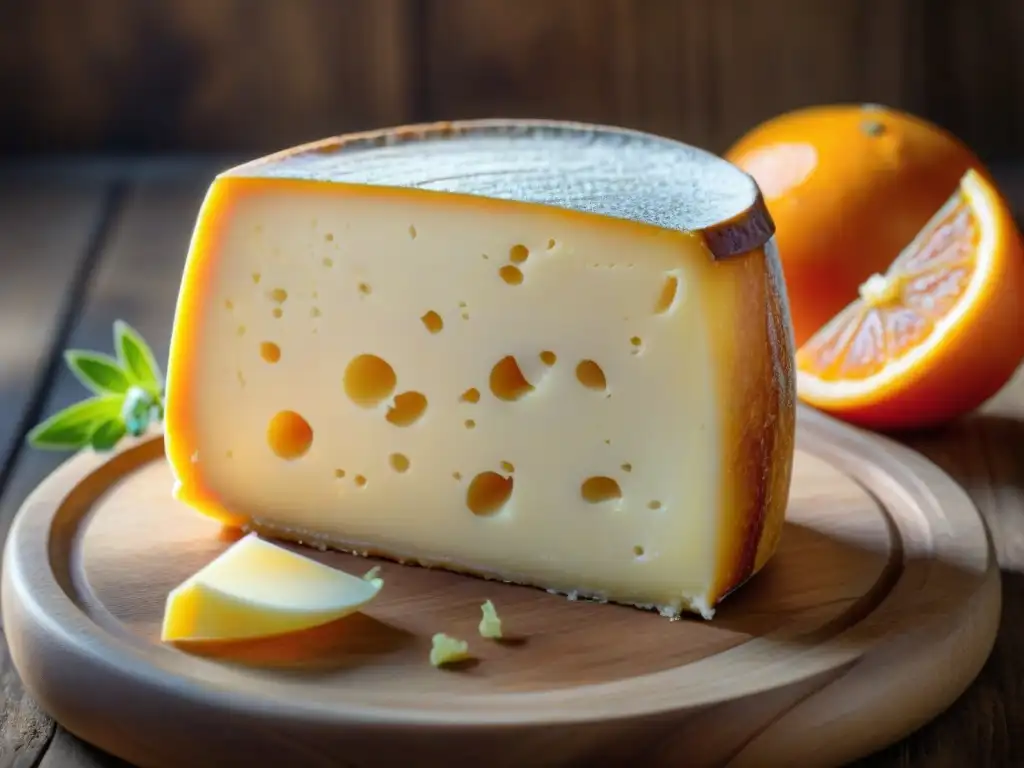 Una rueda de queso Époisses de Borgoña, con su corteza naranja y mohosa, contrasta en un fondo rústico