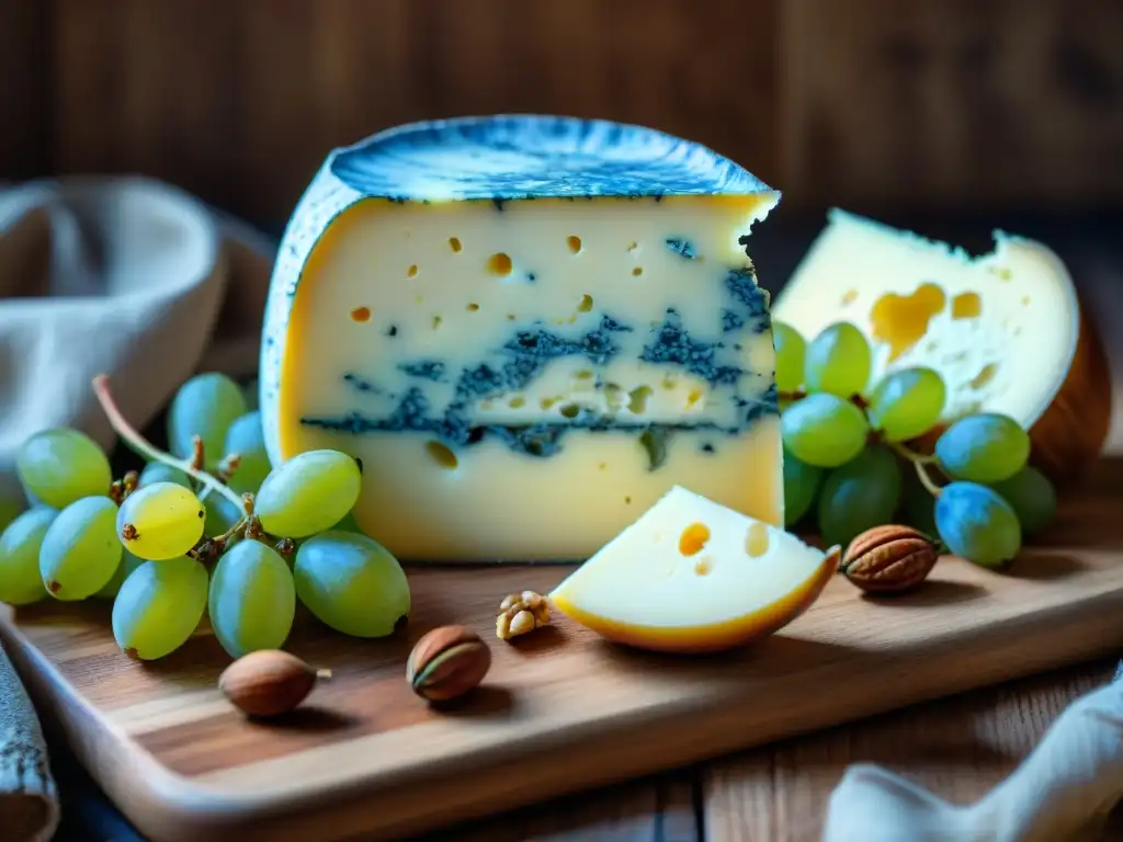 Rueda de queso Bleu d'Auvergne rodeada de uvas, nueces y miel en tabla de madera