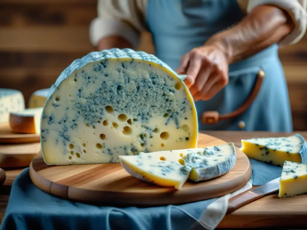 Rueda de queso Roquefort con vetas azules sobre fondo de madera rústico