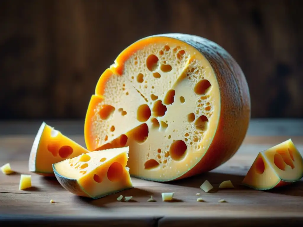 Una rueda de queso Mimolette: sabor y color en cada detalle de su textura y tonalidades anaranjadas, sobre un fondo rústico de madera