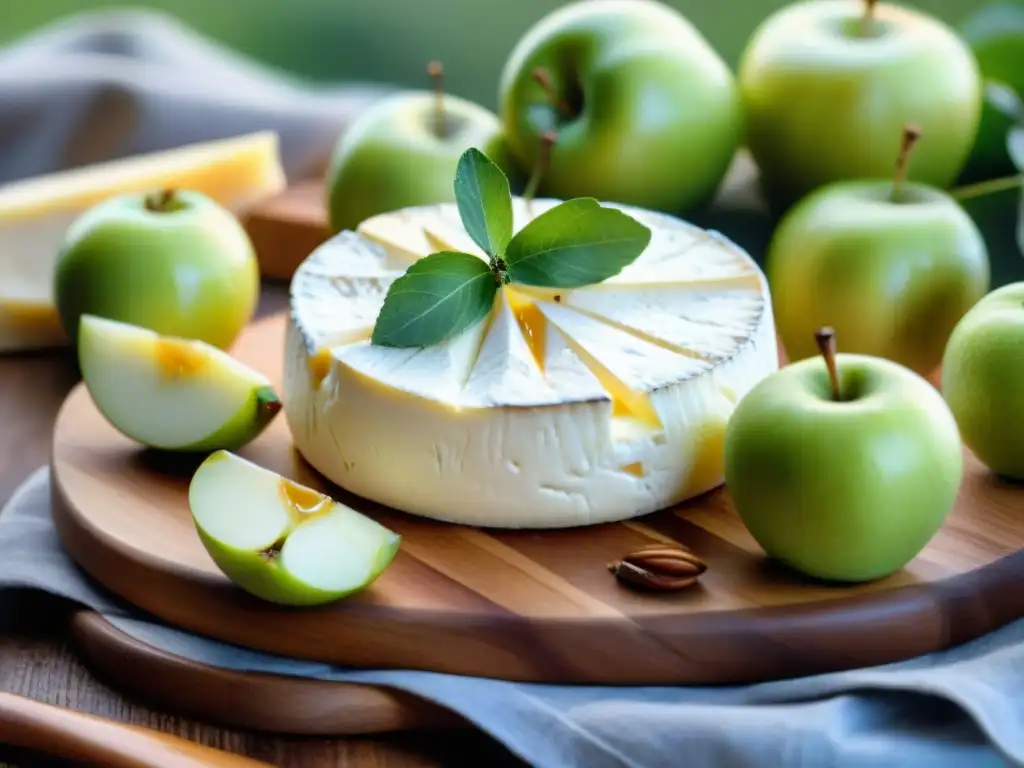 Rueda de Camembert rodeada de manzanas verdes, miel y tomillo fresco, en tabla de madera