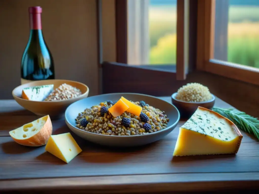 Mesón rústico con cereales, legumbres y quesos franceses junto a vino, evocando recetas cereales legumbres francesas