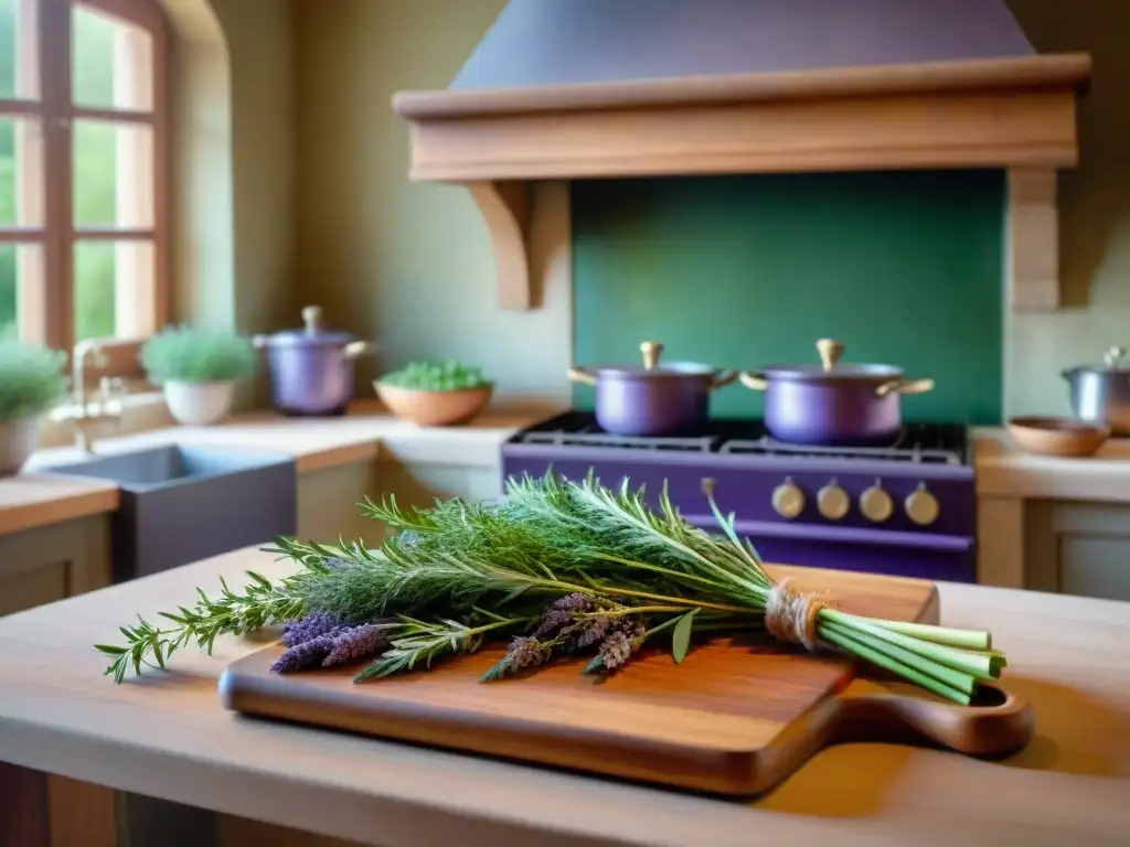 Un rústico escenario de cocina francesa con especias clave como tarragon, tomillo y lavanda