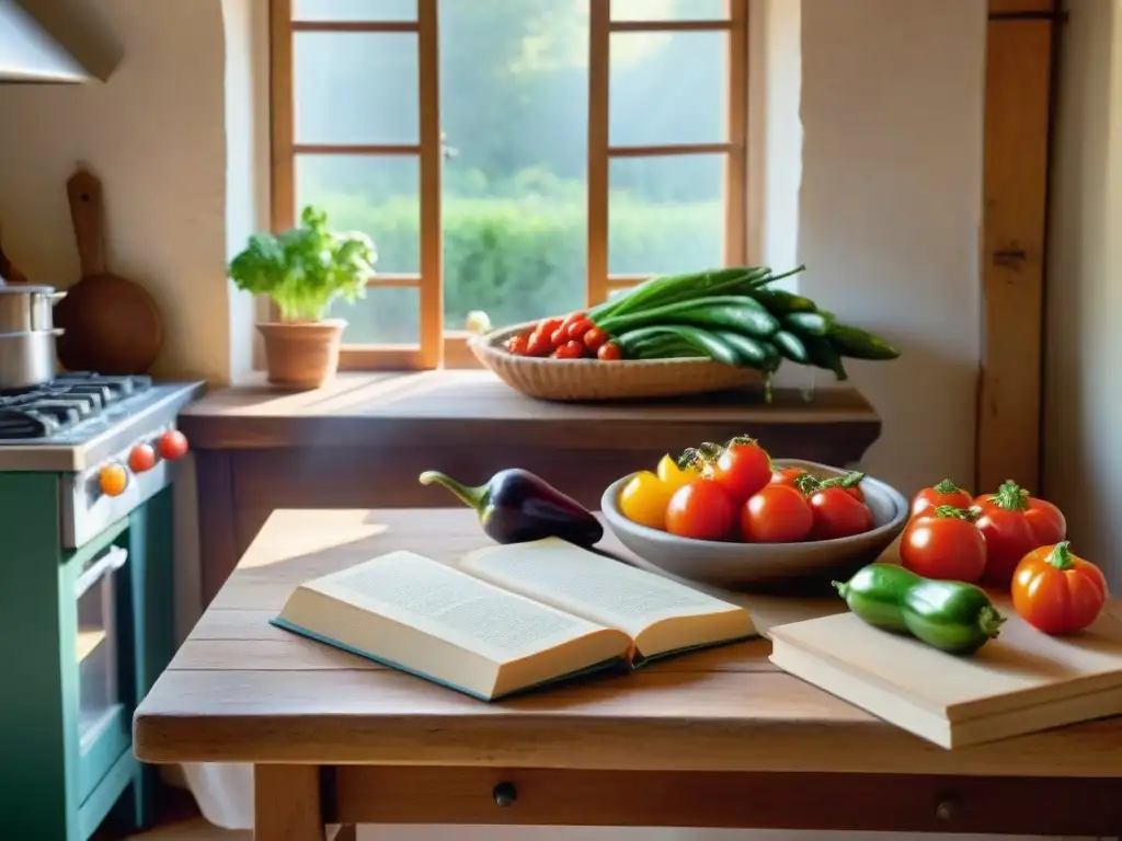 Un rústico escenario francés de cocina con verduras frescas y coloridas en una mesa de madera