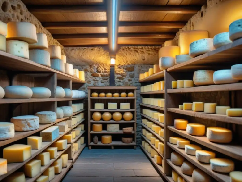 Explora la ruta del queso en Francia: una bodega llena de quesos envejecidos, iluminada con calidez y texturas variadas