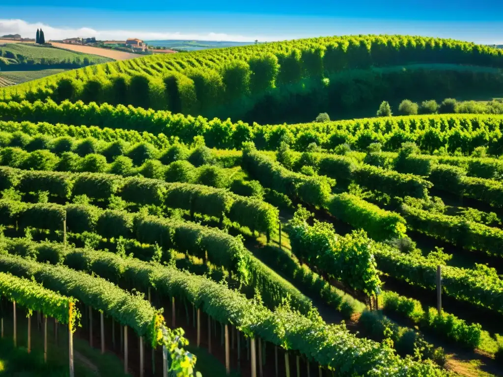 Rutas en bicicleta gastronómicas por la campiña francesa con viñedos verdes y pueblos encantadores en el horizonte