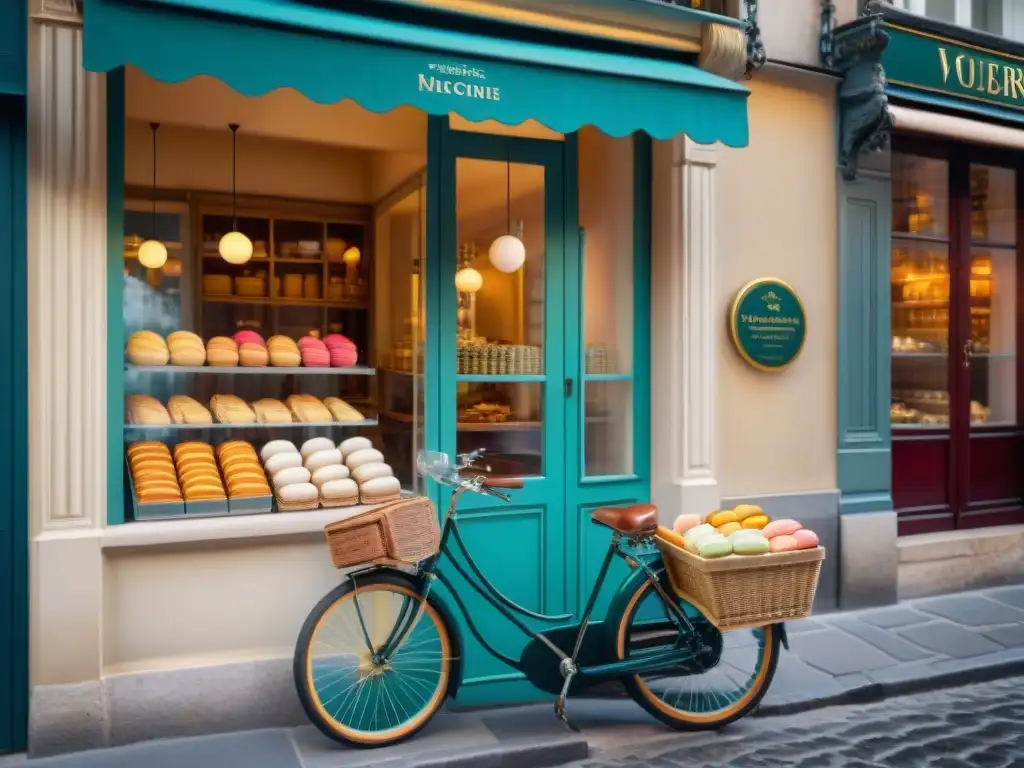 Sabores de la gastronomía francesa en una pintoresca pastelería parisina con macarons y baguettes frescas