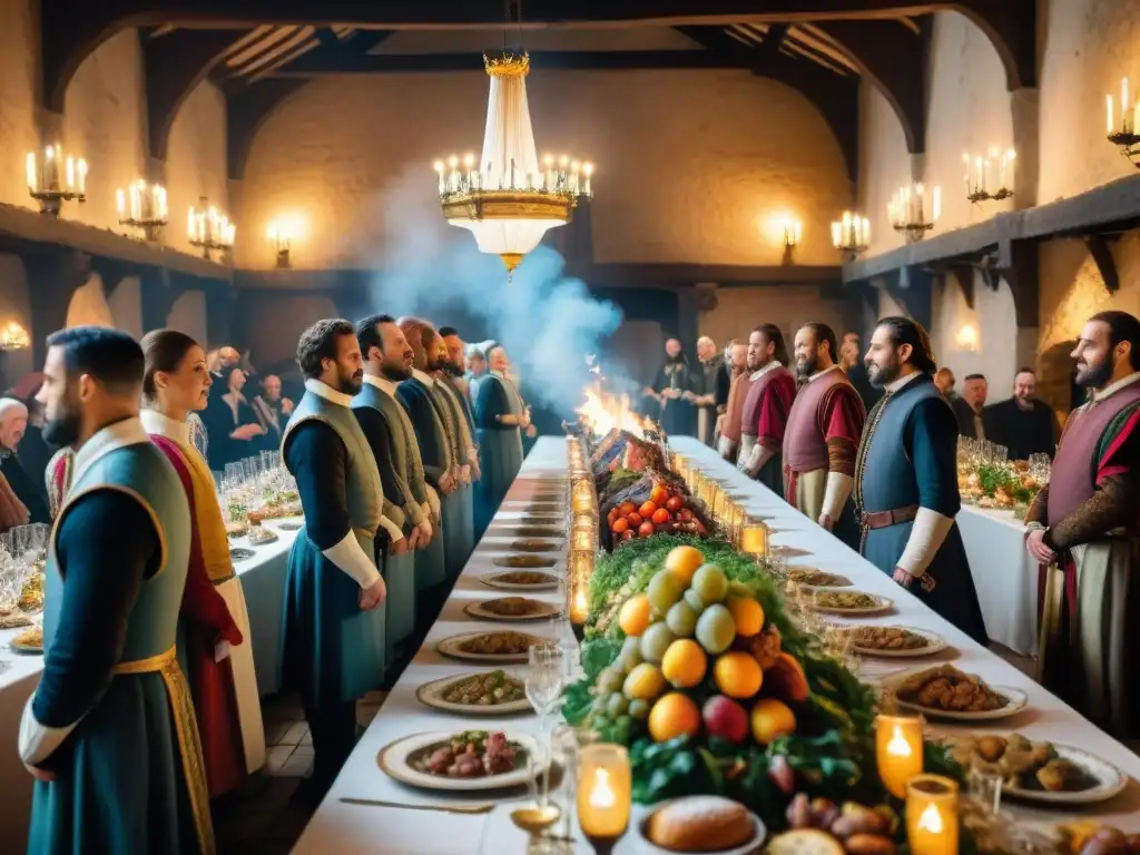 Salón medieval lleno de banquetes opulentos, nobles en conversación y sirvientes