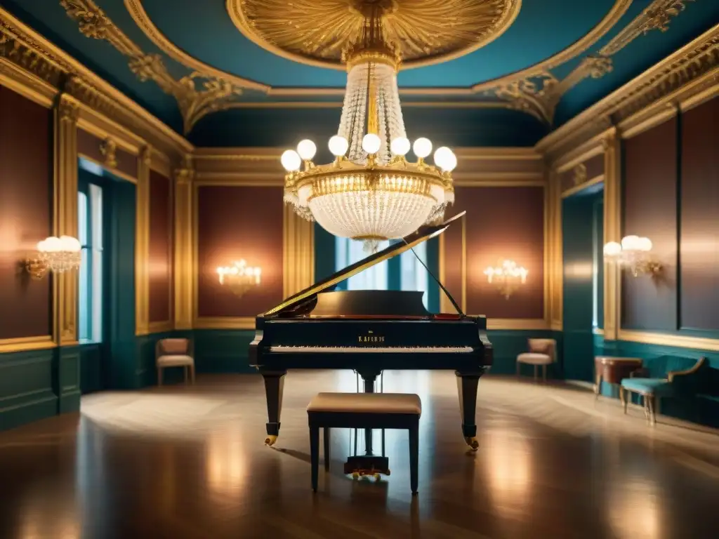 Un salón de música opulento en París con candelabros, piano y detalles dorados