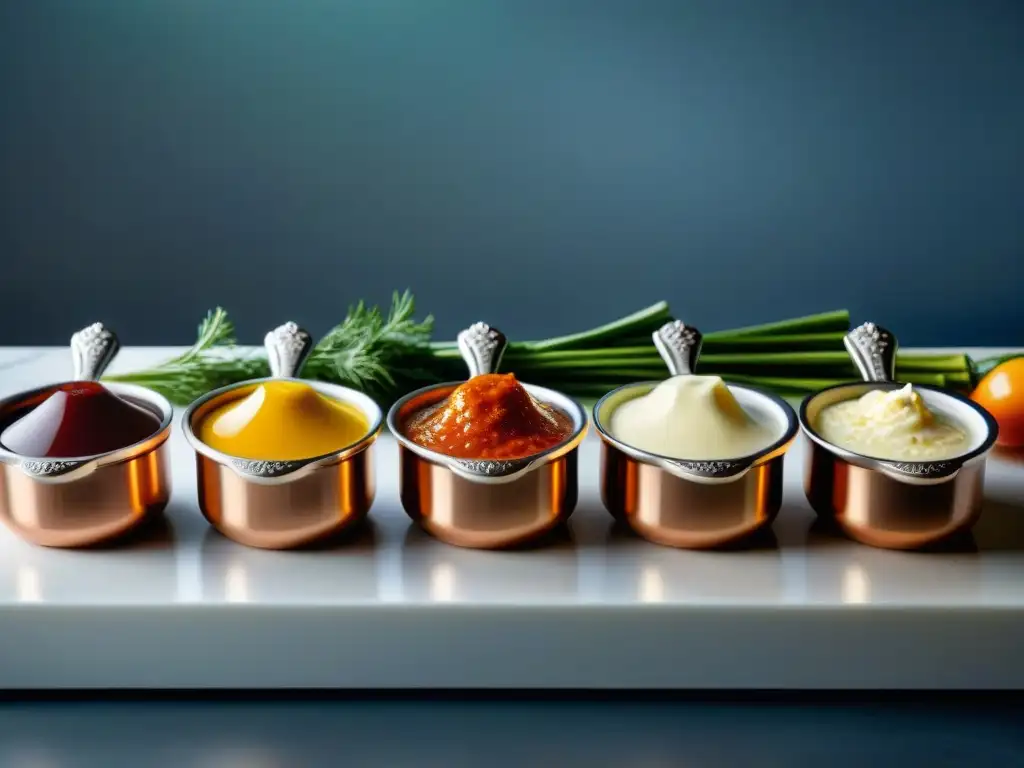 Salsas francesas gourmet: elegancia en cristal y finas hierbas Salsas francesas gourmet premiadas en elegantes cristaleras, con finas hierbas y especias, en cocina refinada