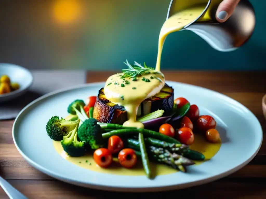 Salsas francesas veganas caseras: Bearnesa cremosa sobre verduras asadas coloridas