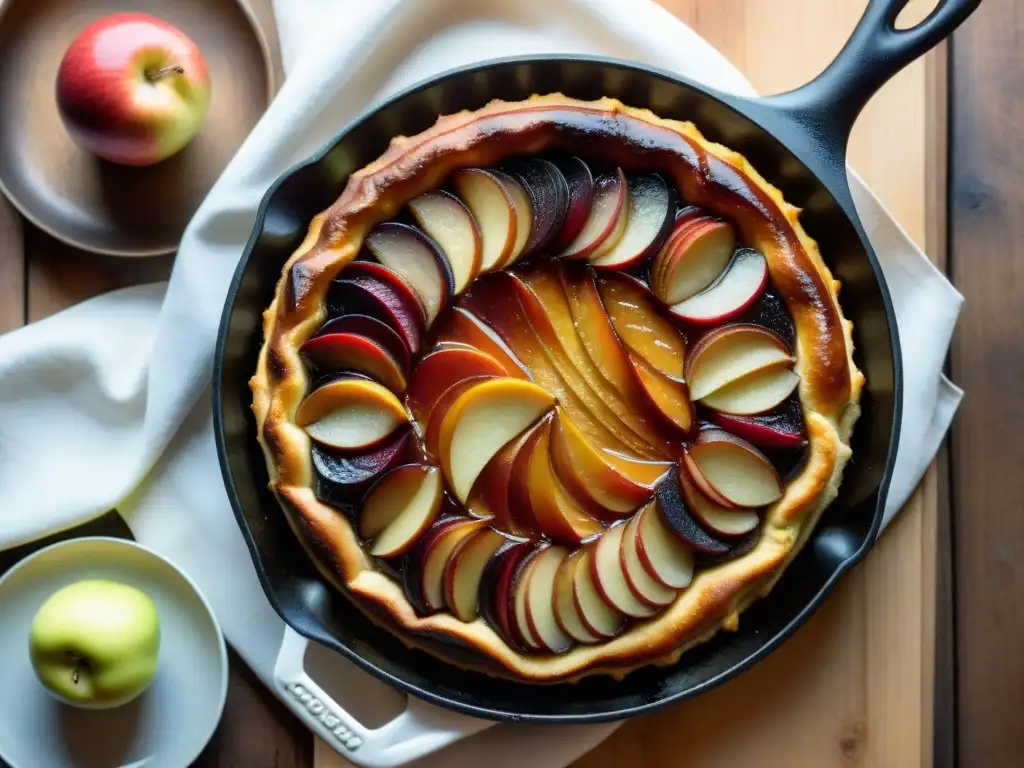 Una sartén de hierro sobre mesa rustica, con una Tarte Tatin dorada y cocina francesa