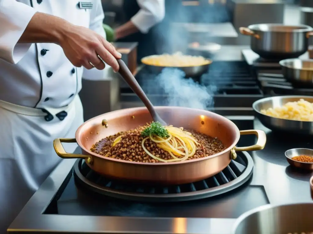 Sartenes de cobre brillante y chefs trabajando en una cocina francesa tradicional