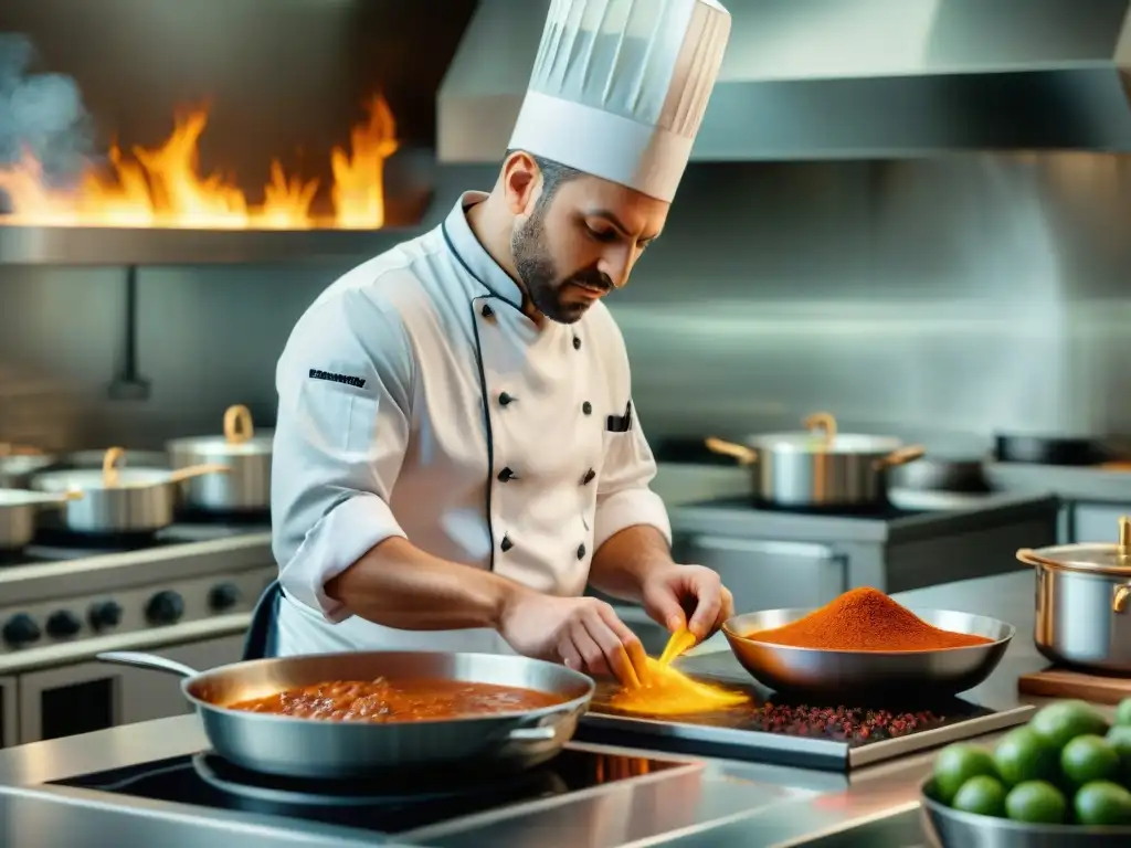 Un saucier experto en una cocina francesa moderna, creando una salsa de lujo