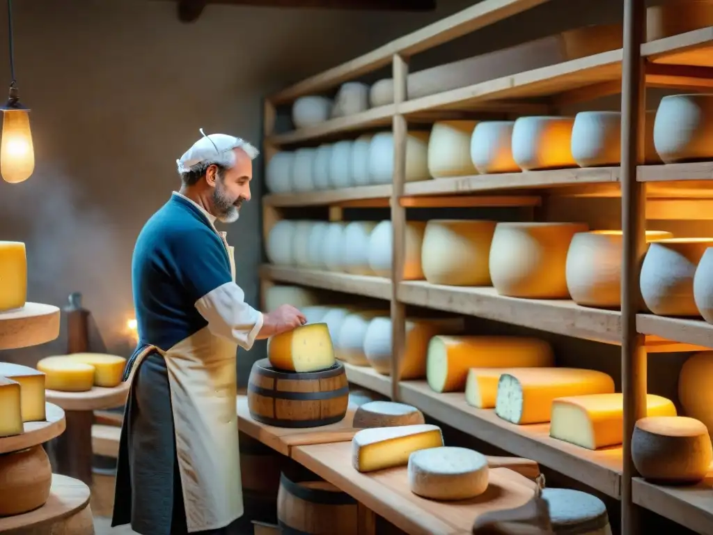 Secreto de los maestros queseros franceses: artesanos elaborando y envejeciendo quesos con cuidado en un taller tradicional