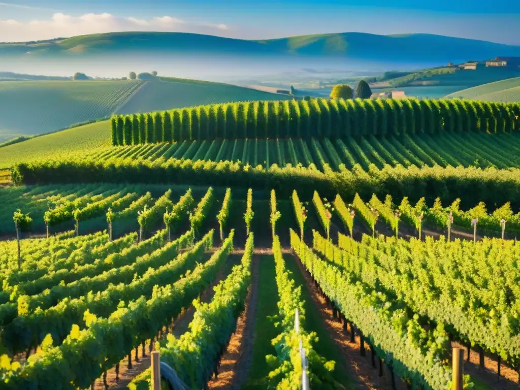 Secretos del Champagne francés: Viñedo detallado en la región de Champagne, con filas de vides bajo el cielo azul