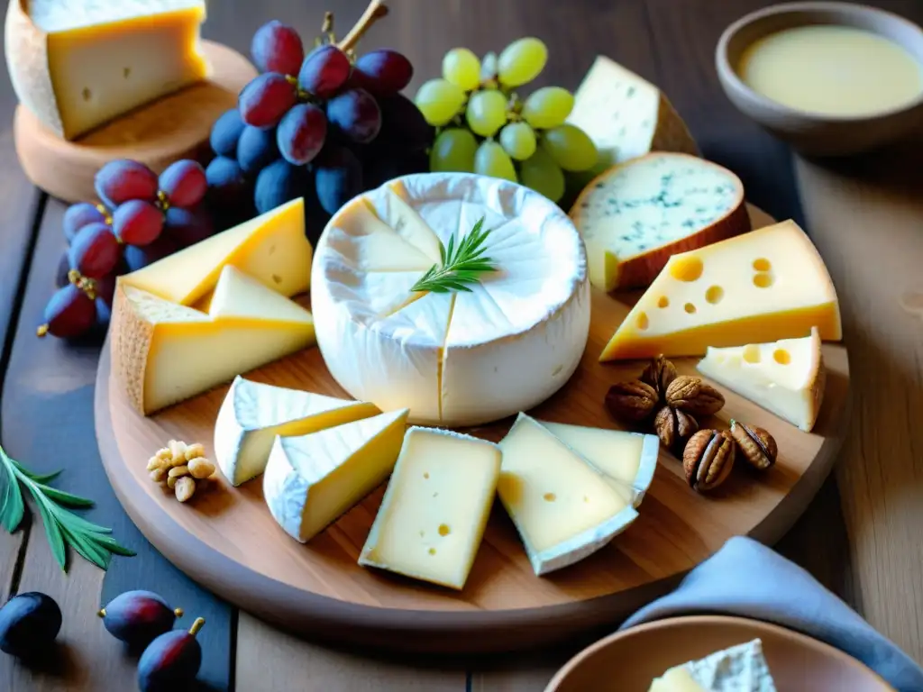 Una selección exquisita de quesos franceses en tabla rústica, acompañados de uvas, higos y nueces