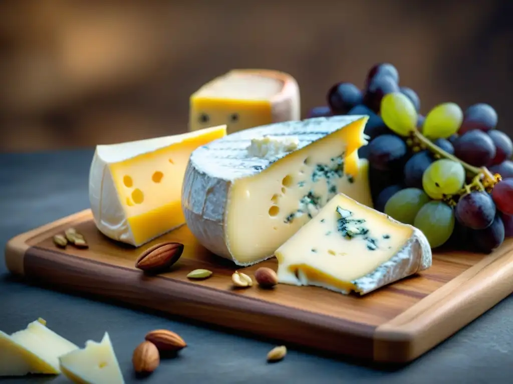 Una selección exquisita de quesos franceses en tabla de madera, ideal para amantes del queso