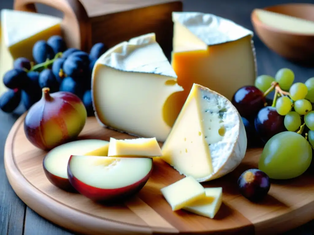 Una selección exquisita de quesos franceses avanzados en armonía con delicias como uvas, higos, miel y pan artesanal, sobre una tabla de madera