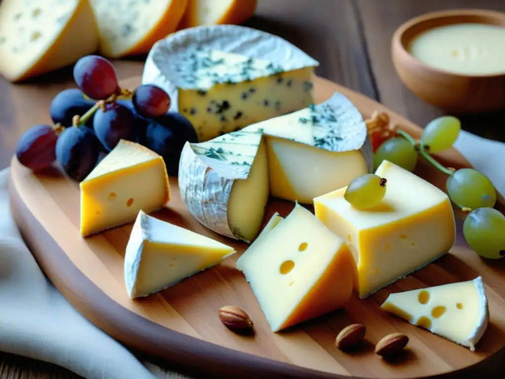 Una selección exquisita de quesos franceses avanzados, maridados con elegancia y presentados con detalle en una tabla de madera rústica