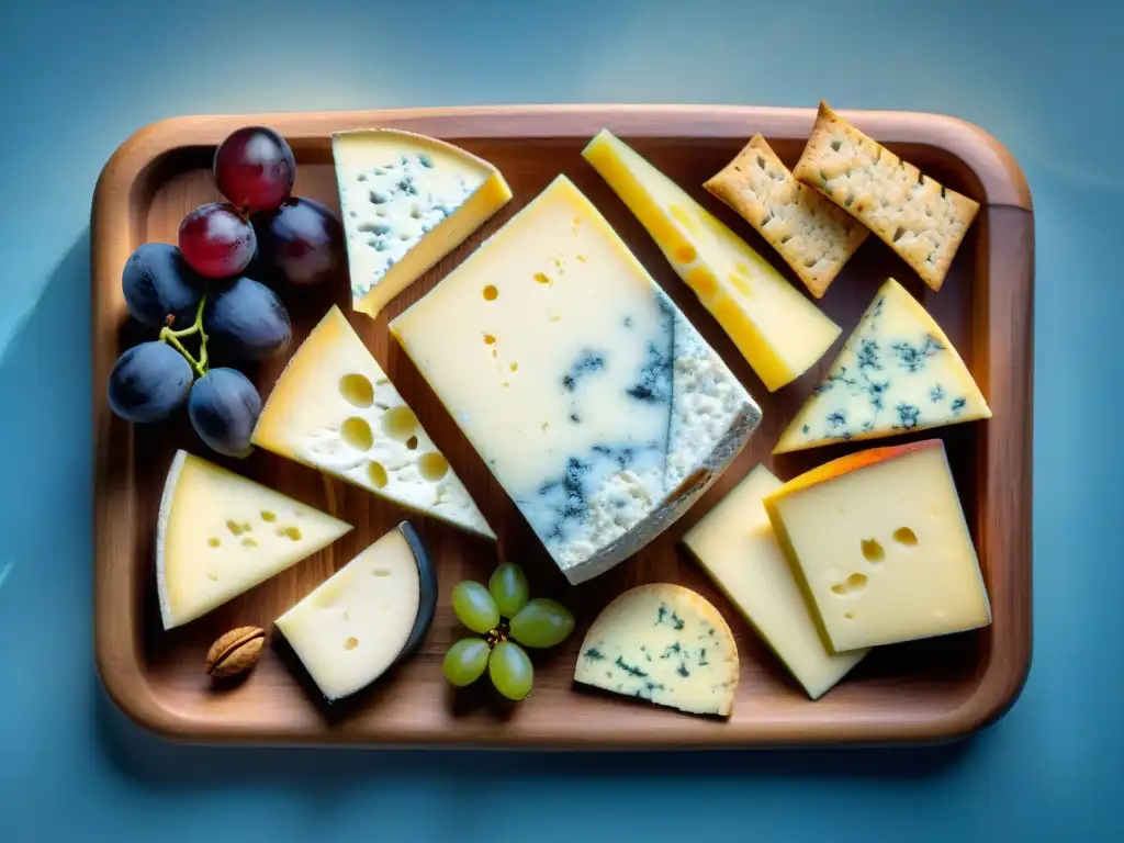 Una selección exquisita de quesos franceses en una tabla rústica con frutas y frutos secos