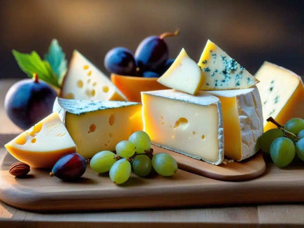 Una selección de exquisitos quesos franceses en una tabla de madera rústica