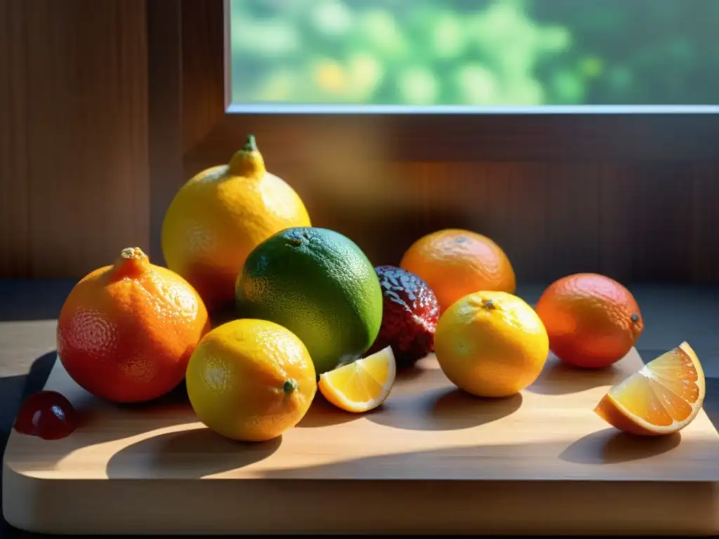 Una selección de frutas cítricas vibrantes y detalladas en una tabla de madera, iluminadas por el sol