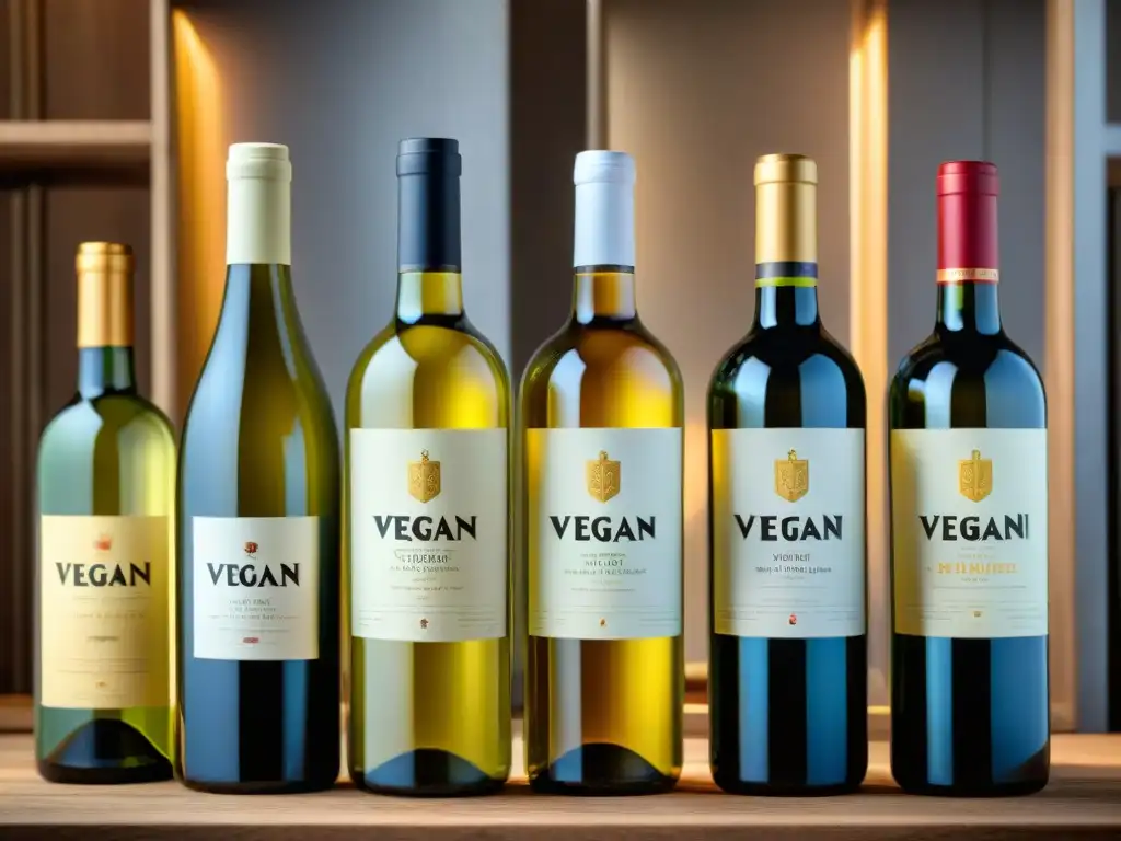 Una selección innovadora de vinos blancos franceses veganos, etiquetados con elegancia, sobre una mesa de madera rústica