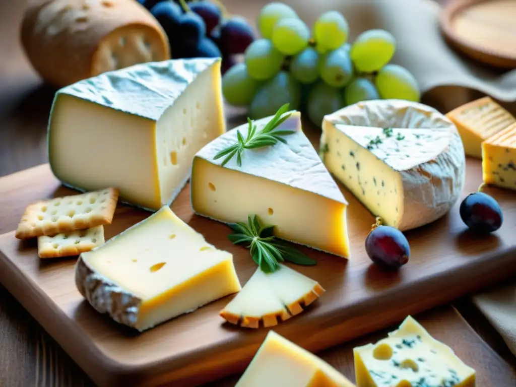 Una selección de quesos franceses artesanales en una tabla rústica, rodeados de uvas, galletas y hierbas frescas, iluminados por luz natural