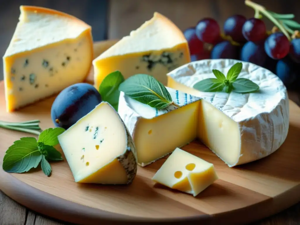 Una selección de quesos franceses tradicionales en tabla rústica, con uvas, hierbas frescas y galletas artesanales