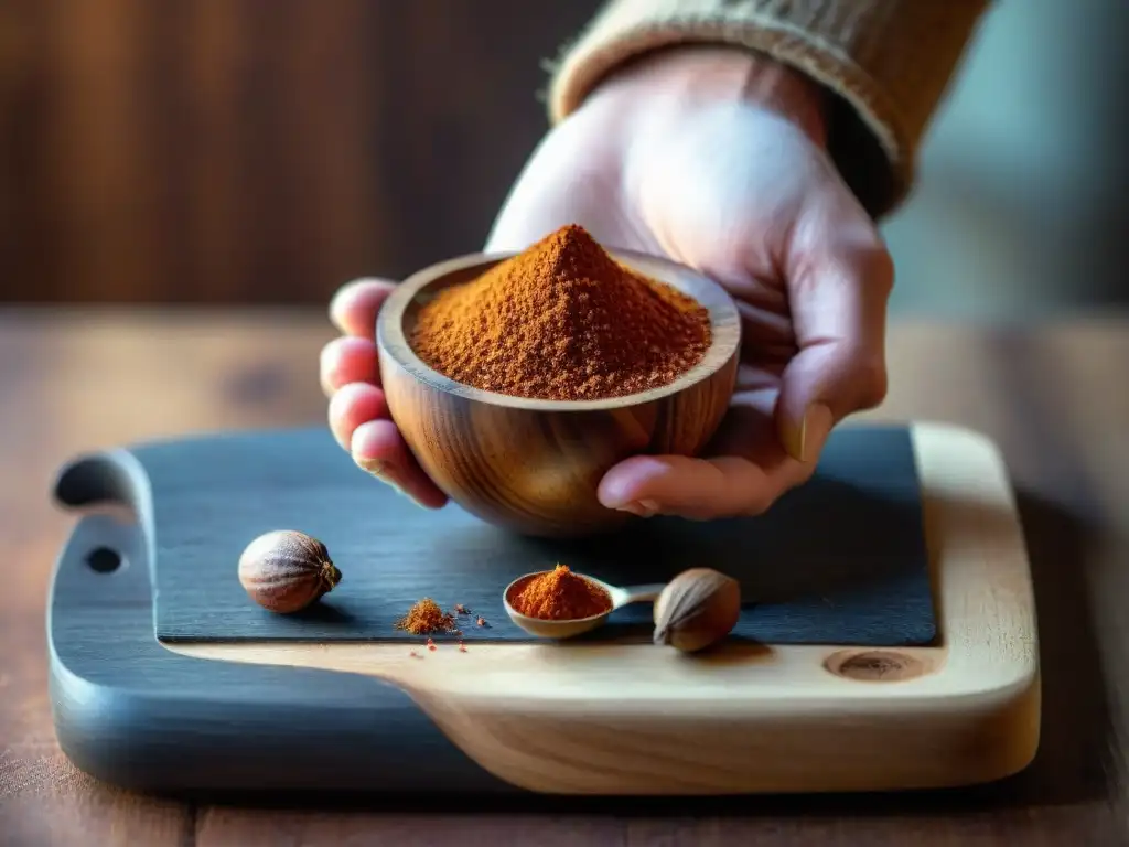 Una semilla de nuez moscada en mano sobre tabla de cocina rústica