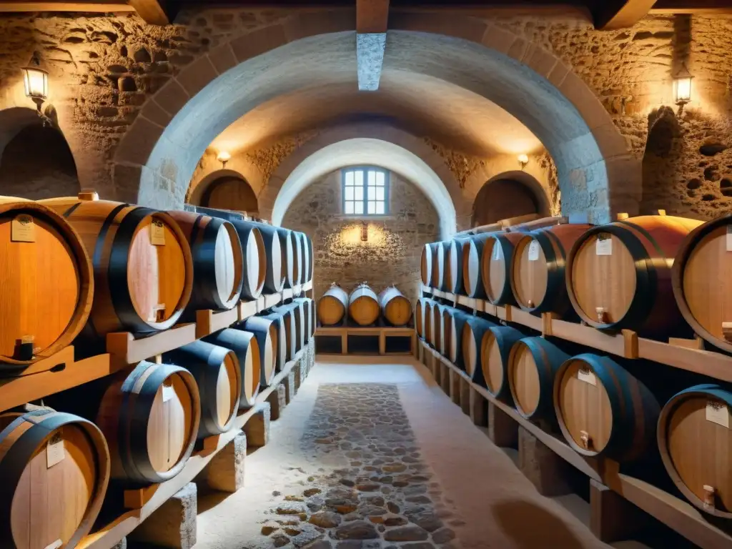 Degustación sensorial en bodega francesa: vinos tintos de diferentes regiones, barricas de roble talladas con paisajes de viñedos