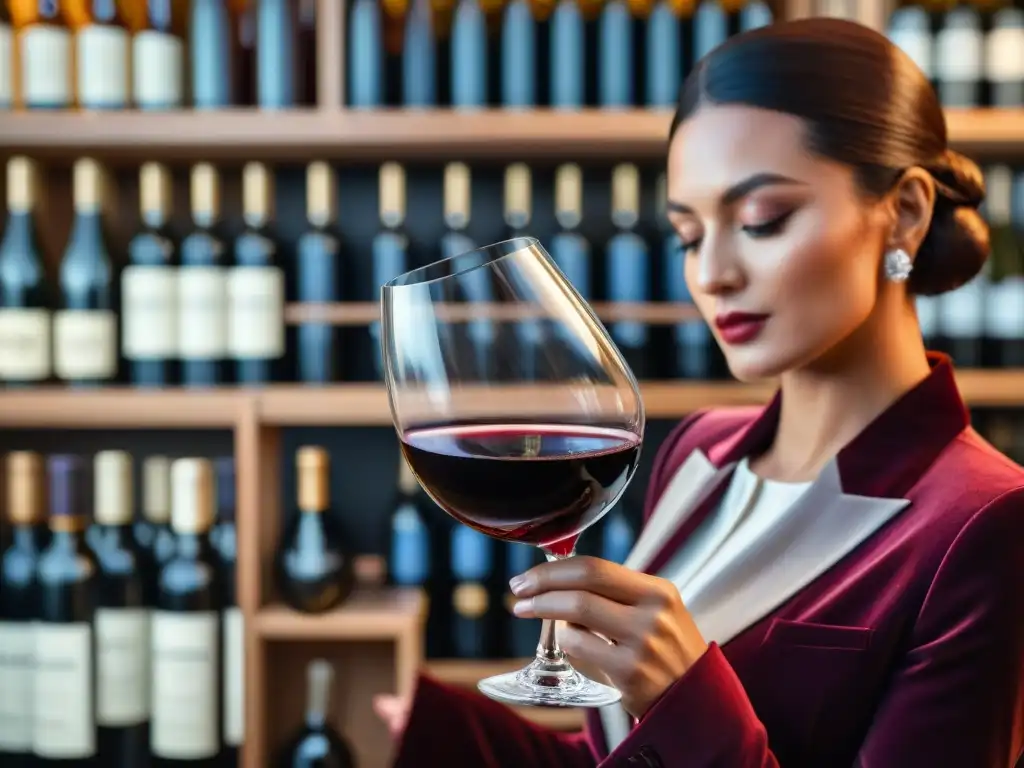 Degustación sensorial de vinos tintos franceses: un sommelier vierte con maestría un intenso vino tinto en una copa de cristal