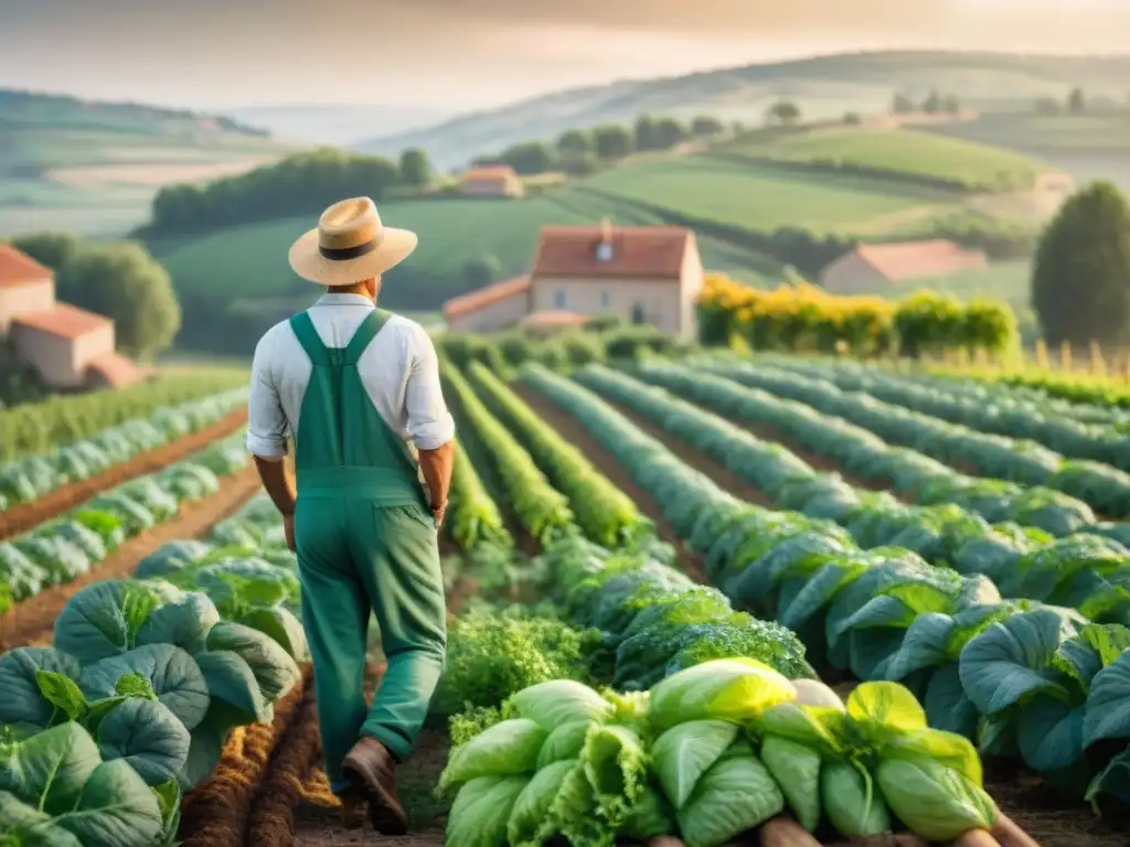 Un sereno atardecer en una idílica escena de campo francés con prácticas agrícolas sostenibles en Francia