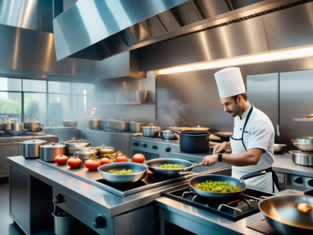 Un set de cine francés bullicioso, chefs y equipo trabajando juntos