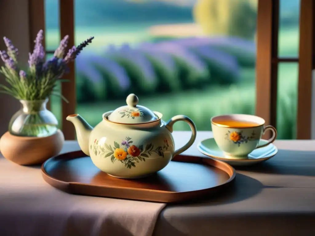 Un set de té francés gourmet en fina porcelana, con delicados diseños florales pintados a mano en tonos pastel suaves