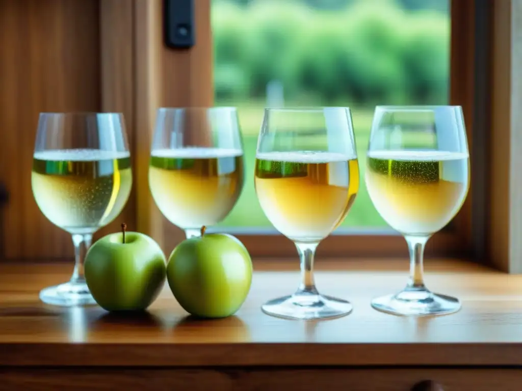 Exquisitos vasos de sidra sin alcohol con manzana verde en mesa rústica Sidras francesas sin alcohol: copas de sidra con rodaja de manzana en mesa de madera rustica